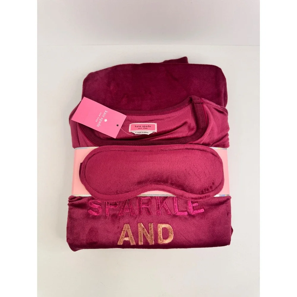 Kate Spade New York Sparkle and Shine Burgundy Plush Jogger Pajama Set SZ S NWT